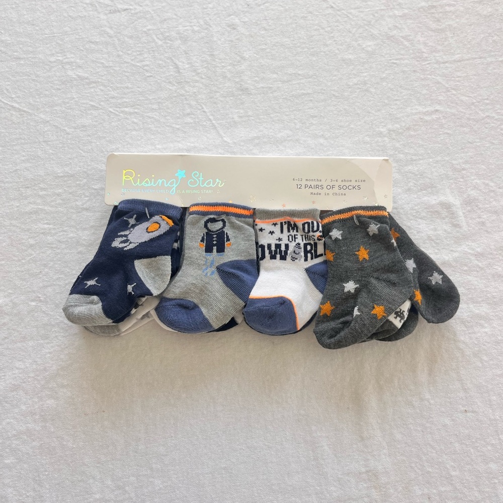 Rising Star Space Theme Baby Socks - Navy, Gray, White, Orange
